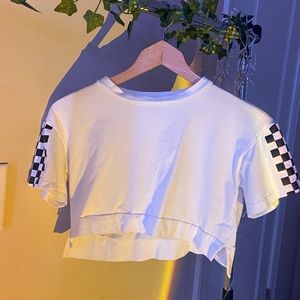 White crop top with checkered sleeves